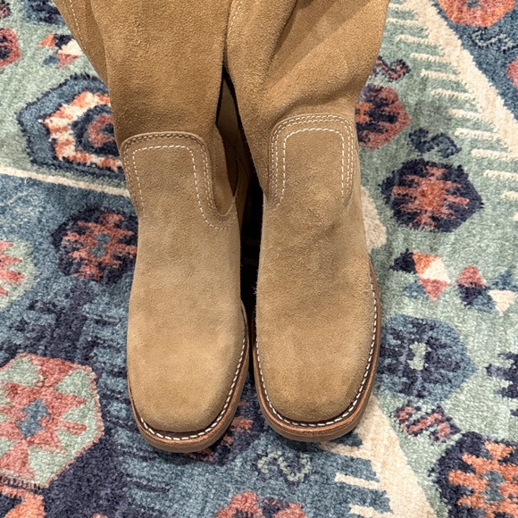 Frye Brown Tan Buck Suede Mid-Calf Heeled Boots - Picture 5 of 8